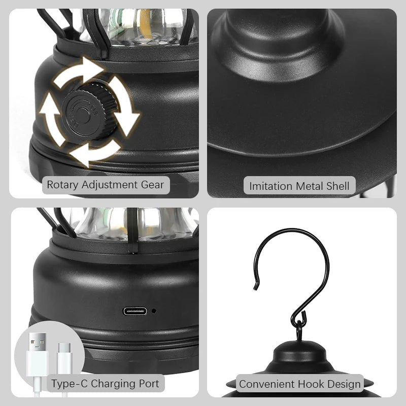 LED Camping Lantern, Handheld Infinite Dimming, Type-C Fast Charging, Rotary Switch & Hook for Home Hiking Fishing Night Walks