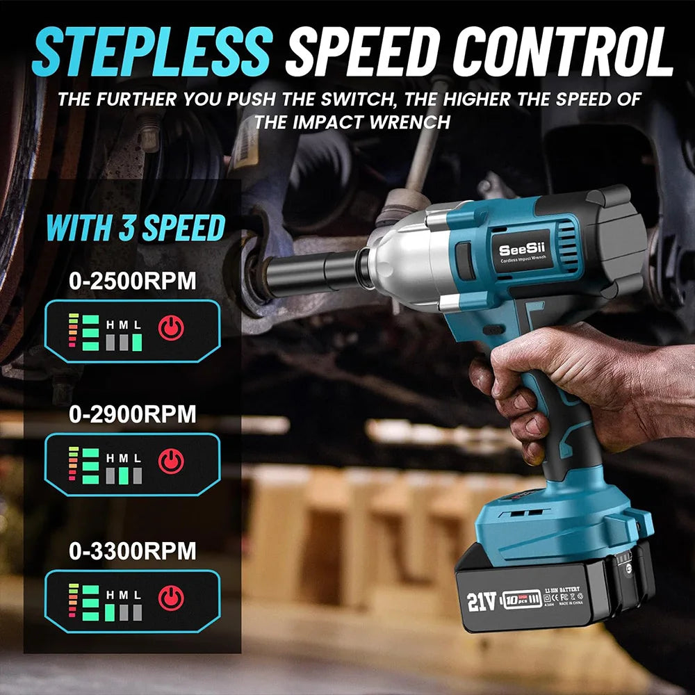 SEESII Cordless Impact Wrench 900N.m Power Impact Gun 1/2'' 3300RPM Brushless Electric Impact Driver for Home Car Truck Mower