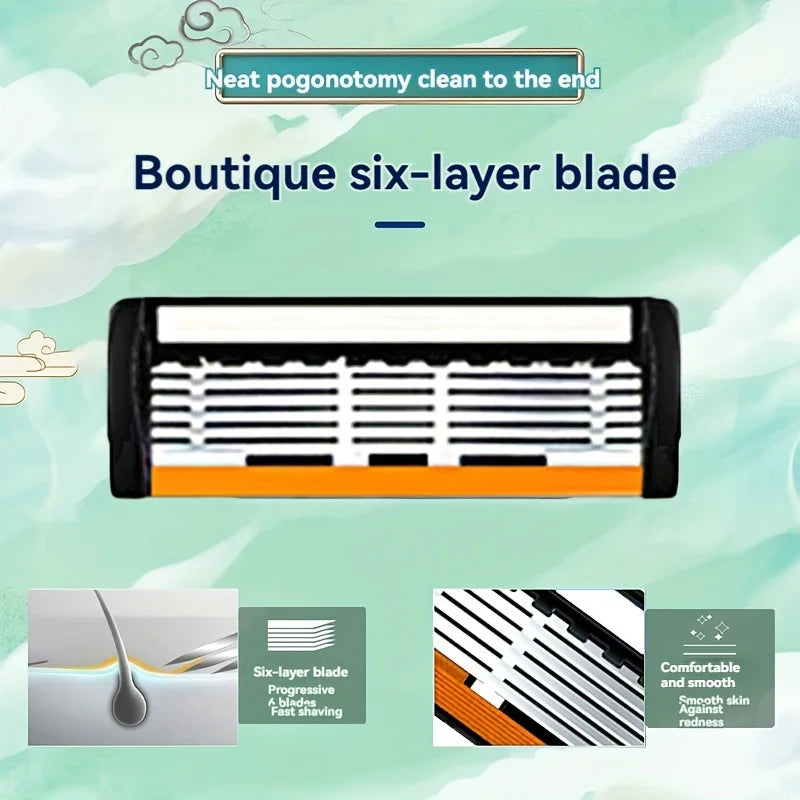 6-Layers Safety Razor Set High Quality Men Razor Sharp Stainless Steel Shaving Changeable Shaver Head Blade ﻿