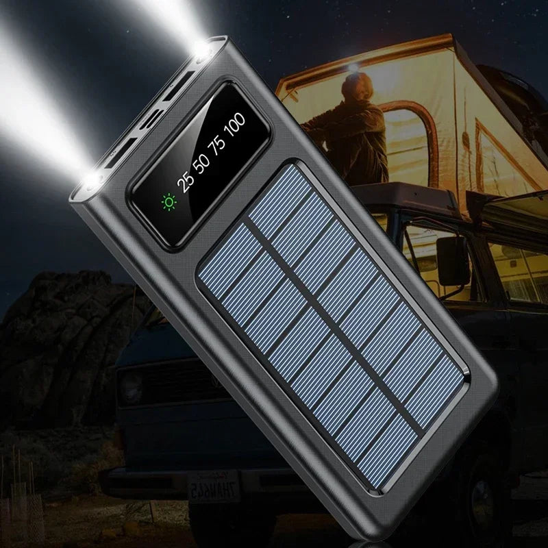 Solar Power Bank 200000mAh Large Capacity Super Fast Charging Digital Display 4 Cables External Battery For Xiaomi Huawei iphone