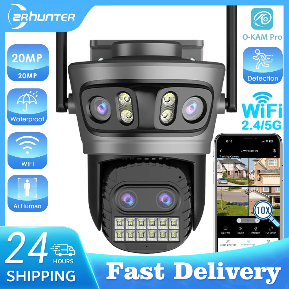 20MP Outdoors Wifi Camera 10K HD Three Lens Security 5G PTZ IP Camera 10X Digital Zoom Lens Human AI Auto Detect Tracking Camera