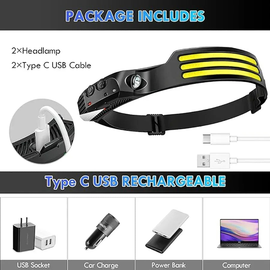 USB Rechargeable COB LED Induction Headlamp with 1200mAh Built-in Battery Head Flashlight Outdoor Camping Fishing Head Lantern [ AWESOME]