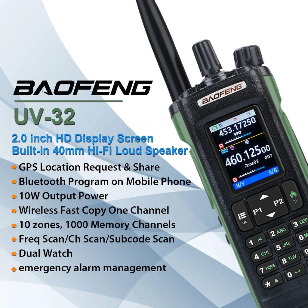 Walkie Talkie Baofeng UV-32 Air Band 10W GPS Amateur FM Two Way Radio with 2.0" HD Screen and 2200mah USB-C Charging Battery
