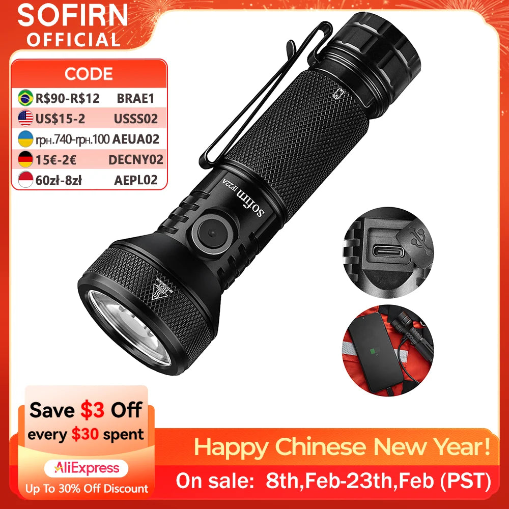 Sofirn IF22A 2100lm Flashlight 21700 Powerful Light SFT40 LED 629M Long Range USB C Rechargeable Charging  Throw Torch
