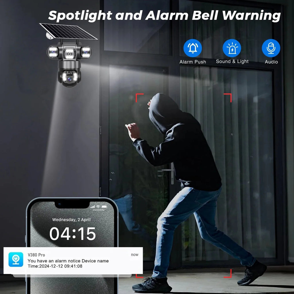 6K 15MP 4G SIM Solar Camera Outdoor 3 Lens 3 Screen Surveillance CCTV PTZ Human Detect Auto Tracking Solar Security Camera V380