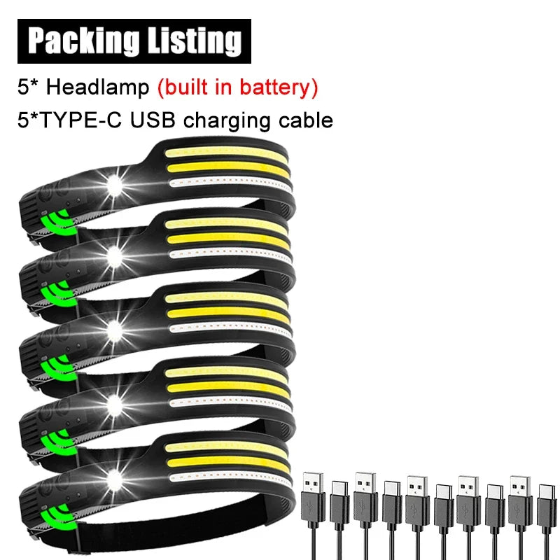Induction Headlamp COB LED Sensor Head Lamp Built-in Battery Flashlight USB Rechargeable Head Torch 10 Lighting Modes Headlight
