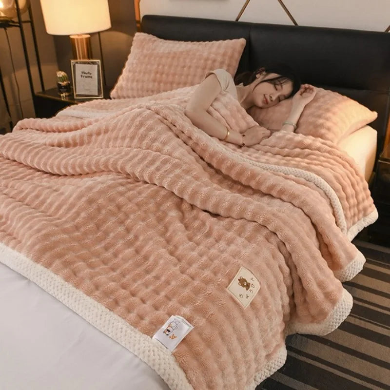 2025 new solid color simple blanket imitation rabbit velvet super soft plush blanket high gram weight sofa blanket winter warmth