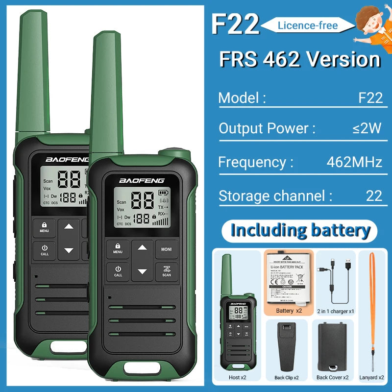 2pcs Baofeng F22 Kids Walkie Talkie Rechargeable Type-C Ham Radio Electronic Toys Birthday Gift Children