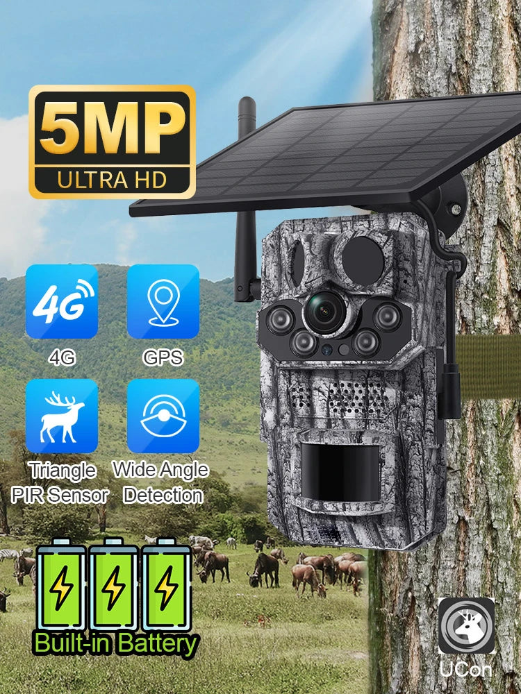 Ucon 4G LTE Cellular Trail Camera 5MP Solar Camera PIR Motion Activated 0.2s Trigger Time Night Vision Wildlife Hunting Cameras