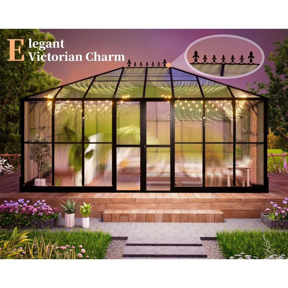 16x12x9.5 FT Polycarbonate Greenhouse for Outdoors, Pavilion Style Greenhouse with 4 Vent Windows, Lockable Double Doors, Ideal