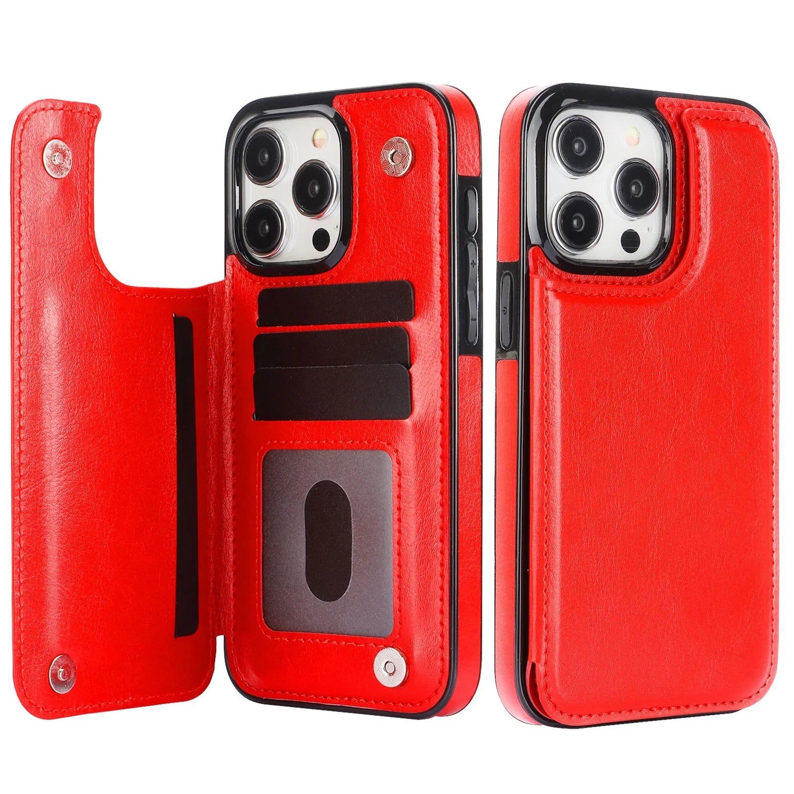 Wallet Double Button With Card Slot Stand Flip Leather Case For iPhone 16e 16 Pro Max 15 Plus 14 13 12 Mini 11 SE3 SE2 X XR 8 7