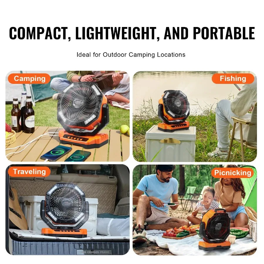 Portable Fan Rechargeable 13 inch Battery Powered Fan with LED Lantern 4 Speeds Adjustable and 45° 90°Automatic Swivel and Tim