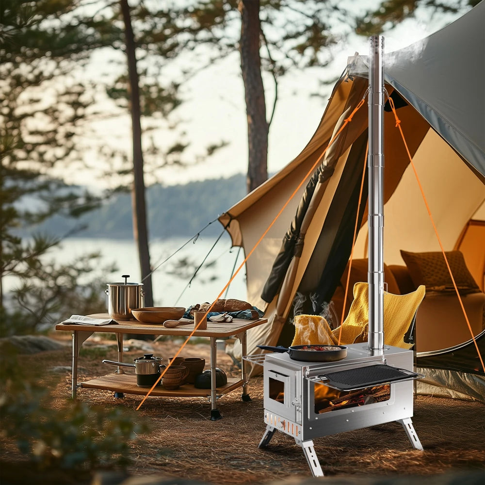 Portable Camping Wood Burning Stove Stainless Steel Tent Stove with 7 Chimney Pipes for Outdoor Camping, Heating