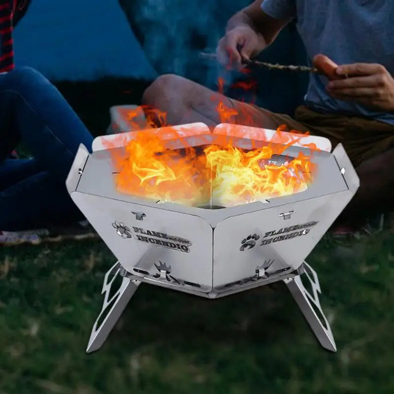 Portable Fire Pit Grill Heavy Duty Firepit Barbecue Grill Campfire Wood Stove Hexagonal BBQ Grill With Handles BBQ Tool Kits