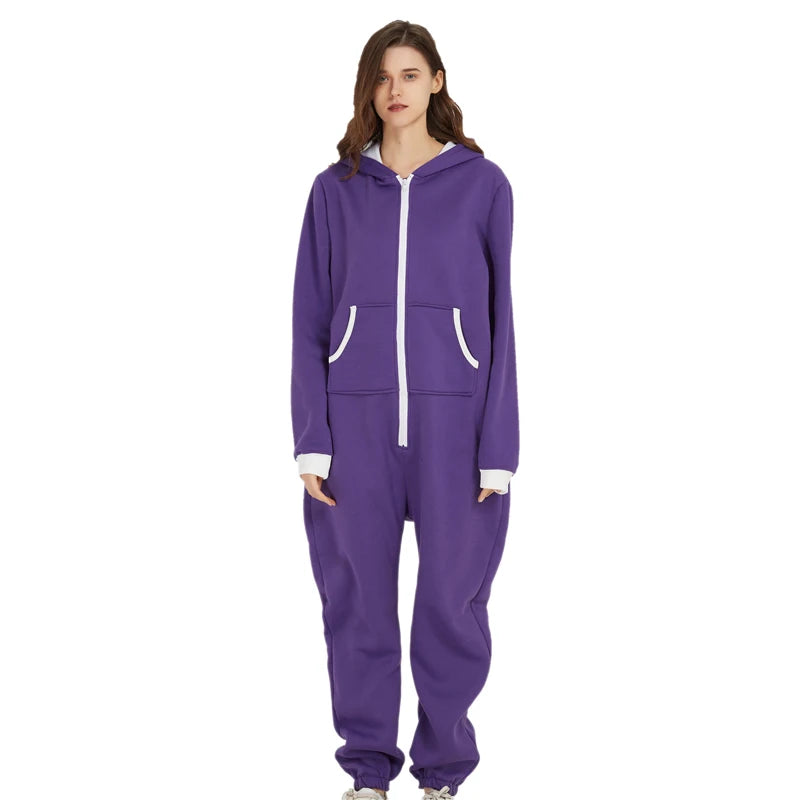 Unisex Sleepwear Jumsuits Hooded Pockets  Zipper Onesies One Piece Solid Pajamas Homewear Long Sleeve Nightwear  Casual Pyjamas