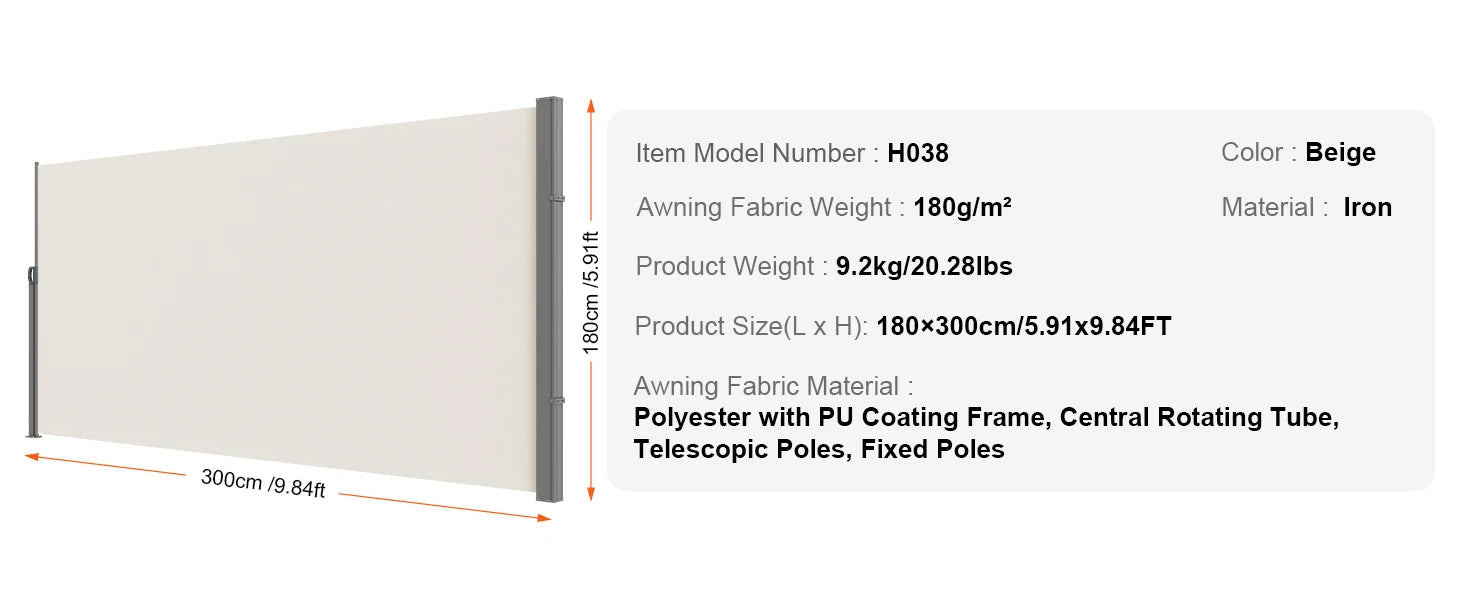 SucceBuy Retractable Side Awning Outdoor Privacy Polyester Water-proof Retractable Patio Screen UV 30+ Room Divider Wind Screen