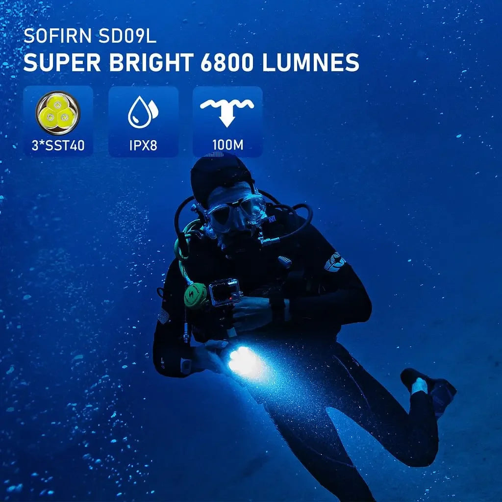New Sofirn Diving Light SD09L SST40 LED Flashlight 6800lm 21700 USB Rechargeable Underwater Waterproof Torch