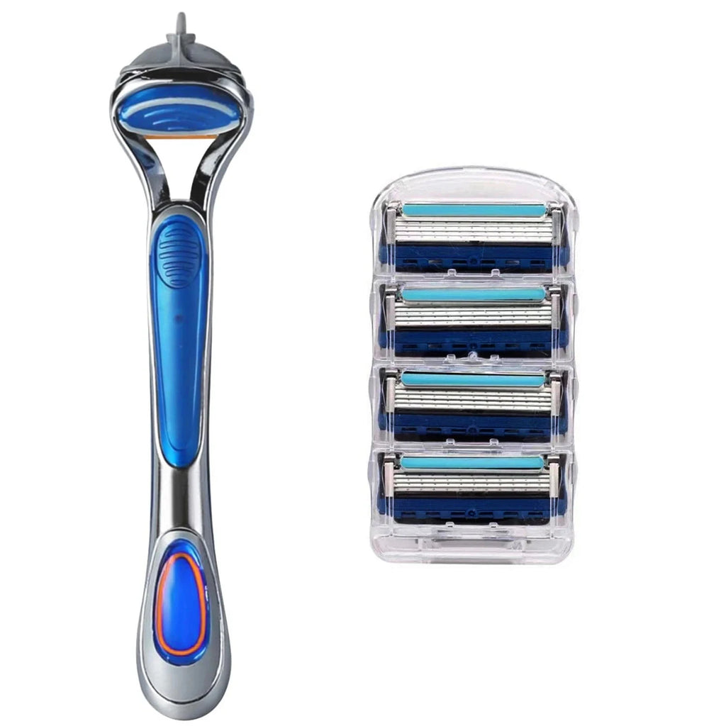 Men's manual safety razor, equipped with precision 5-layer stainless steel blades and ergonomic metal handle, 4-20 replacements