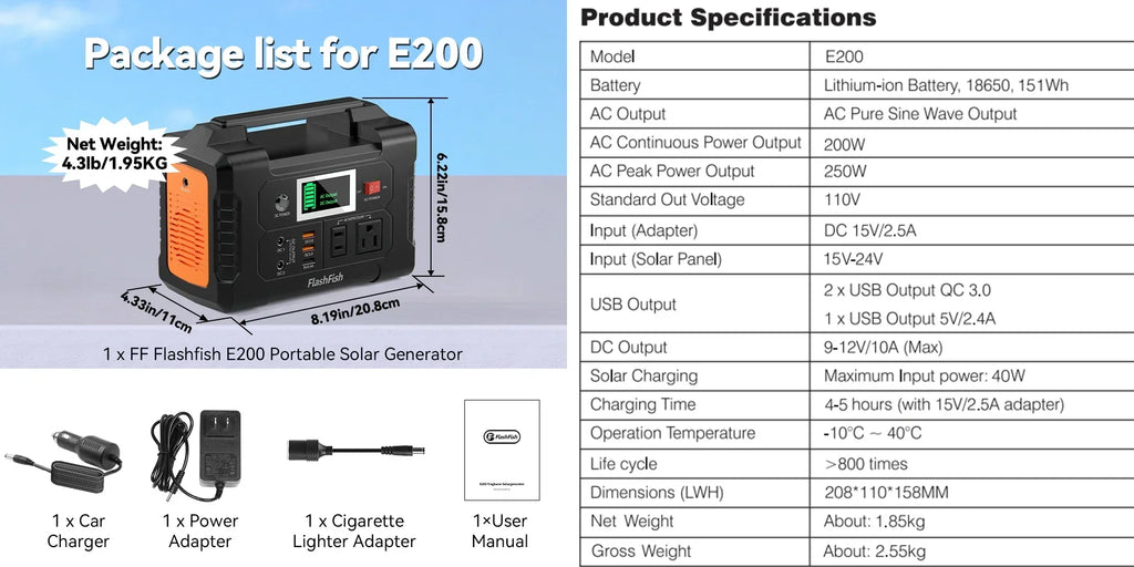 Powerstation E200 Portable Power Station 200W Solar Generator 151WH Battery AC DC Outdoor Camera Drone Power Supply Solar Charge