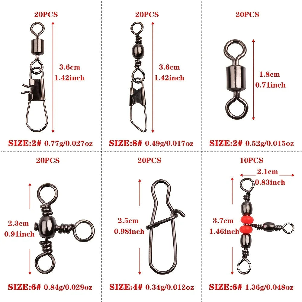140pcs/box Fishing Swivel Snaps Kit - Ball Bearing Swivels, Triple Swivel Connectors, and Barrel Snap Clips