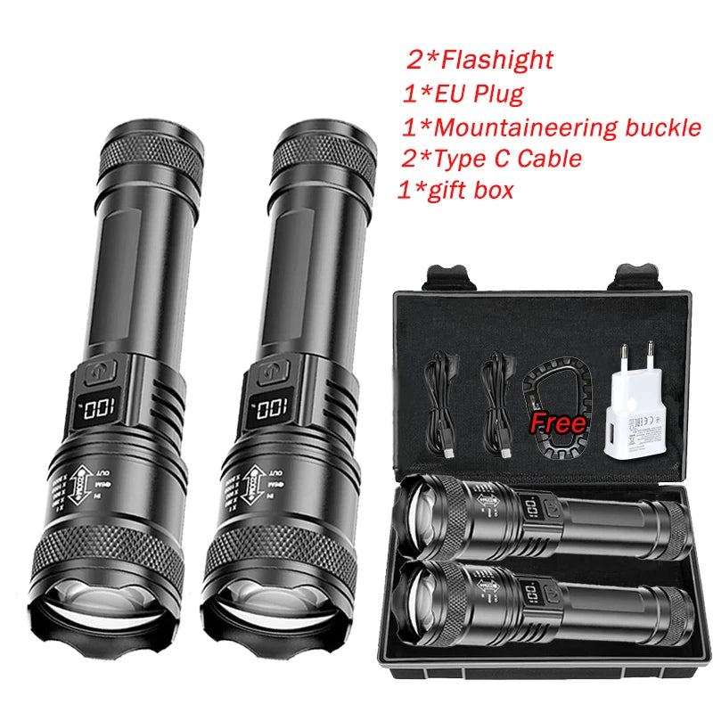Super Powerful LED Flashlight Battery Display USB Rechargeable Light Telescopic Zoom Torch Lamp Outdoor Camping Fishing Lantern