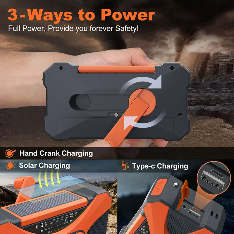 Emergency Solar Power Hand Crank Dynamo Generator 10000mAh Phone Charger Bank SOS AM/FM Weather Flashlight Radio Power Bank