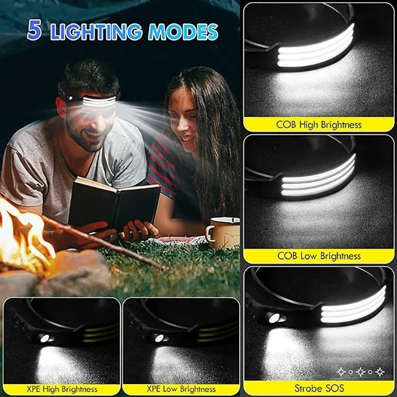 USB Rechargeable COB LED Induction Headlamp with 1200mAh Built-in Battery Head Flashlight Outdoor Camping Fishing Head Lantern [ AWESOME]