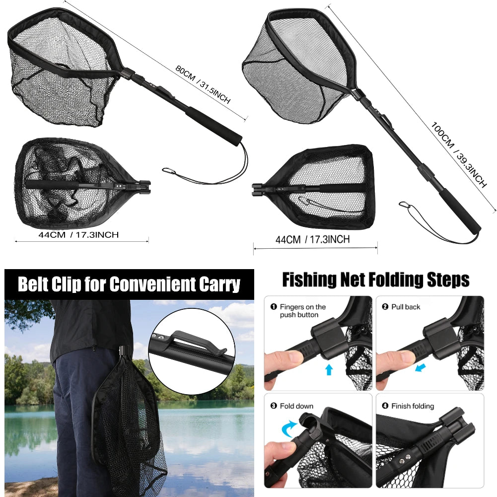 Fishing Landing Net Aluminum Alloy Durable Telescoping Extend to 190cm/130cm/55cm Folding Mesh Safe Fish Catching Releasing
