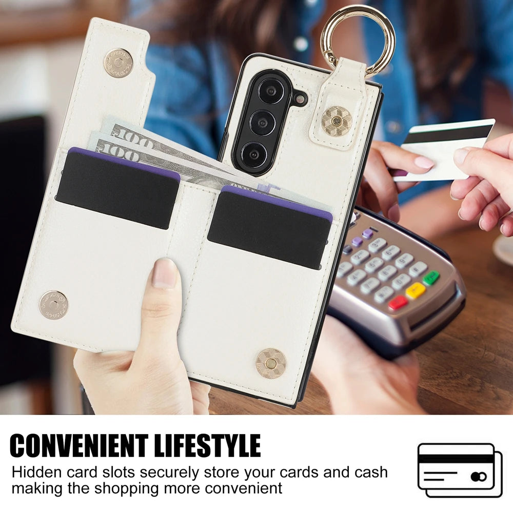 Ring Bucket Wallet Phone Case For Samsung Galaxy Z Fold7 Z Fold 6 5 7 4 3 Leather Case Kickstand Pen Cash Card Slots Phone Cover