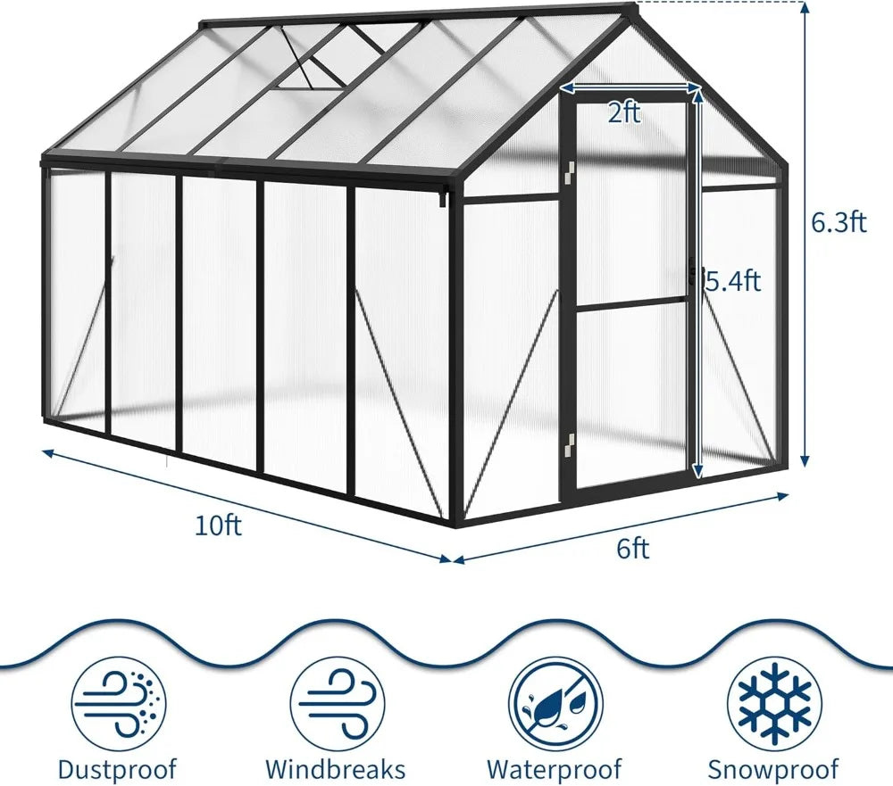 6x10 FT Polycarbonate Greenhouse with Aluminum Frame, Quick Setup, Roof Vent for Outdoor Garden Planting