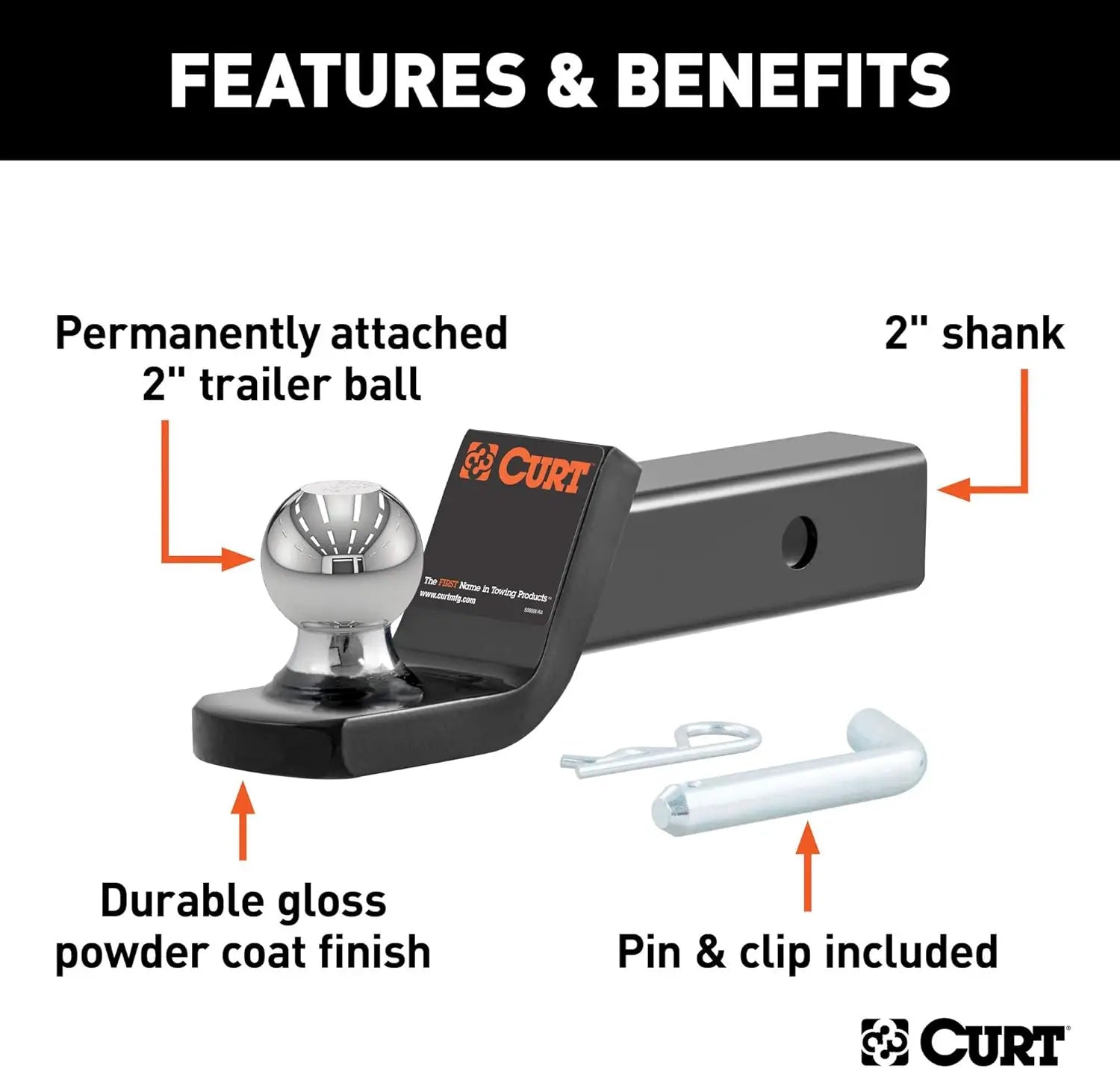 Heavy-Duty Trailer Hitch Mount with 2-Inch Ball & Pin, Fits 2-In Receiver, 7,500 lbs Capacity