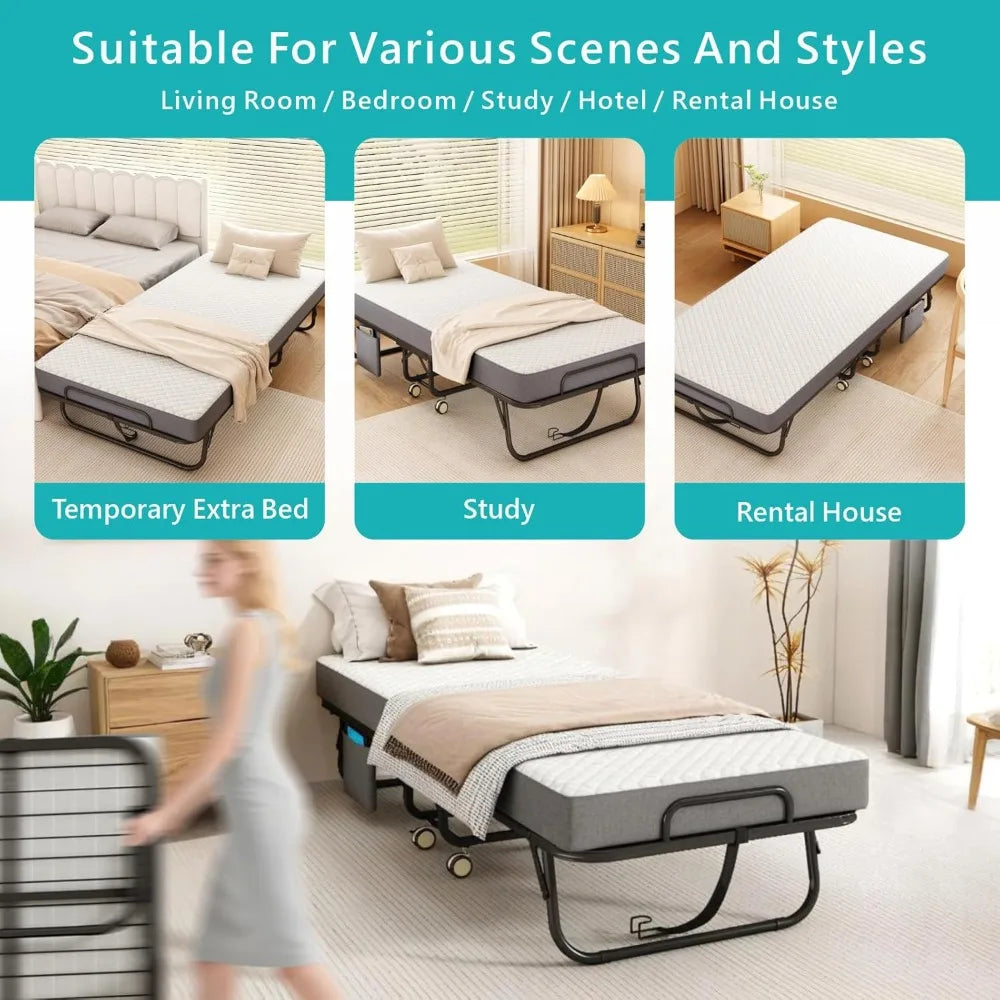 Folding Bed with Mattress for Adults, Portable Cot-Size Rollaway Bed, Metal Frame Foldable Guest Bed with Memory Foam Mattress