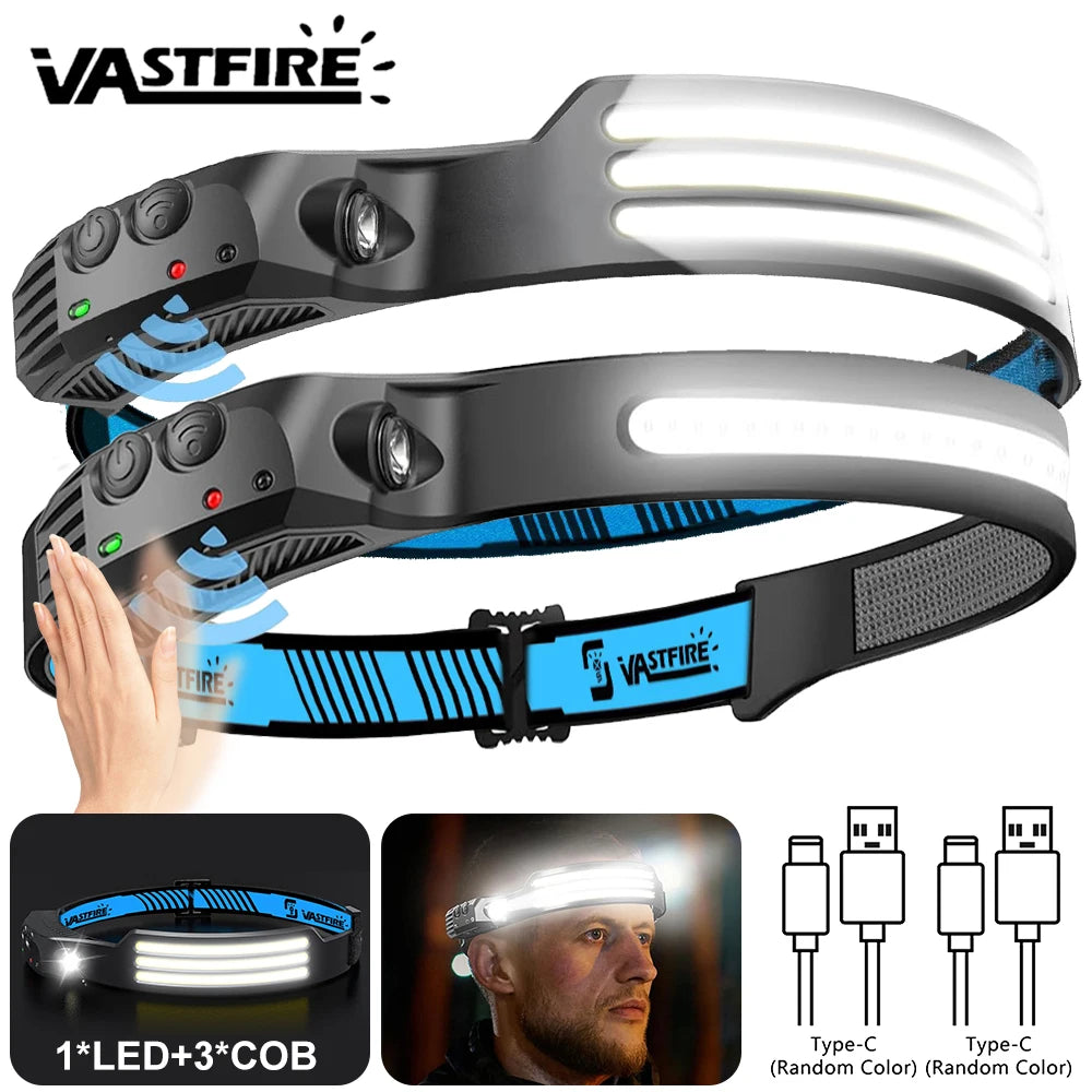 Induction Headlamp COB+LED Head Flashlight Built in Battery USB Rechargeable Outdoor Waterproof Camping Fishing Work Lantern ﻿