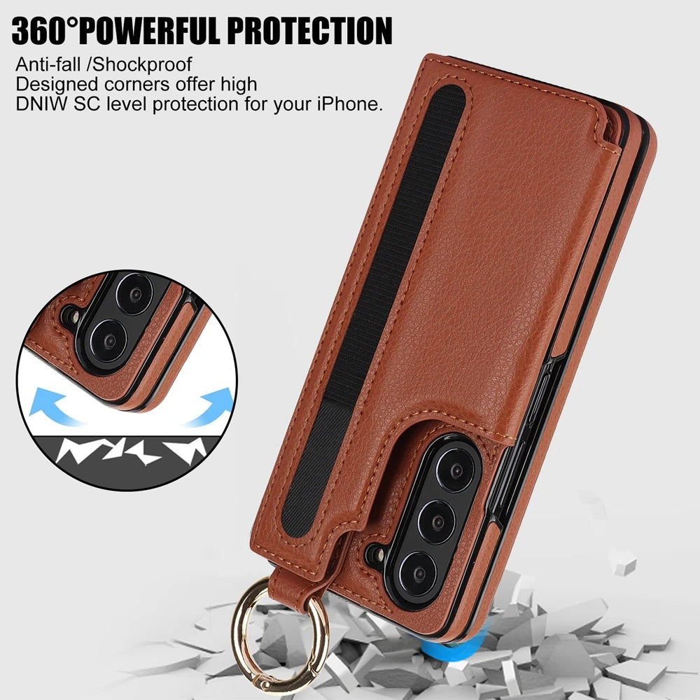 Ring Bucket Wallet Phone Case For Samsung Galaxy Z Fold7 Z Fold 6 5 7 4 3 Leather Case Kickstand Pen Cash Card Slots Phone Cover