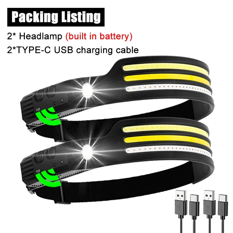 Induction Headlamp COB LED Sensor Head Lamp Built-in Battery Flashlight USB Rechargeable Head Torch 10 Lighting Modes Headlight