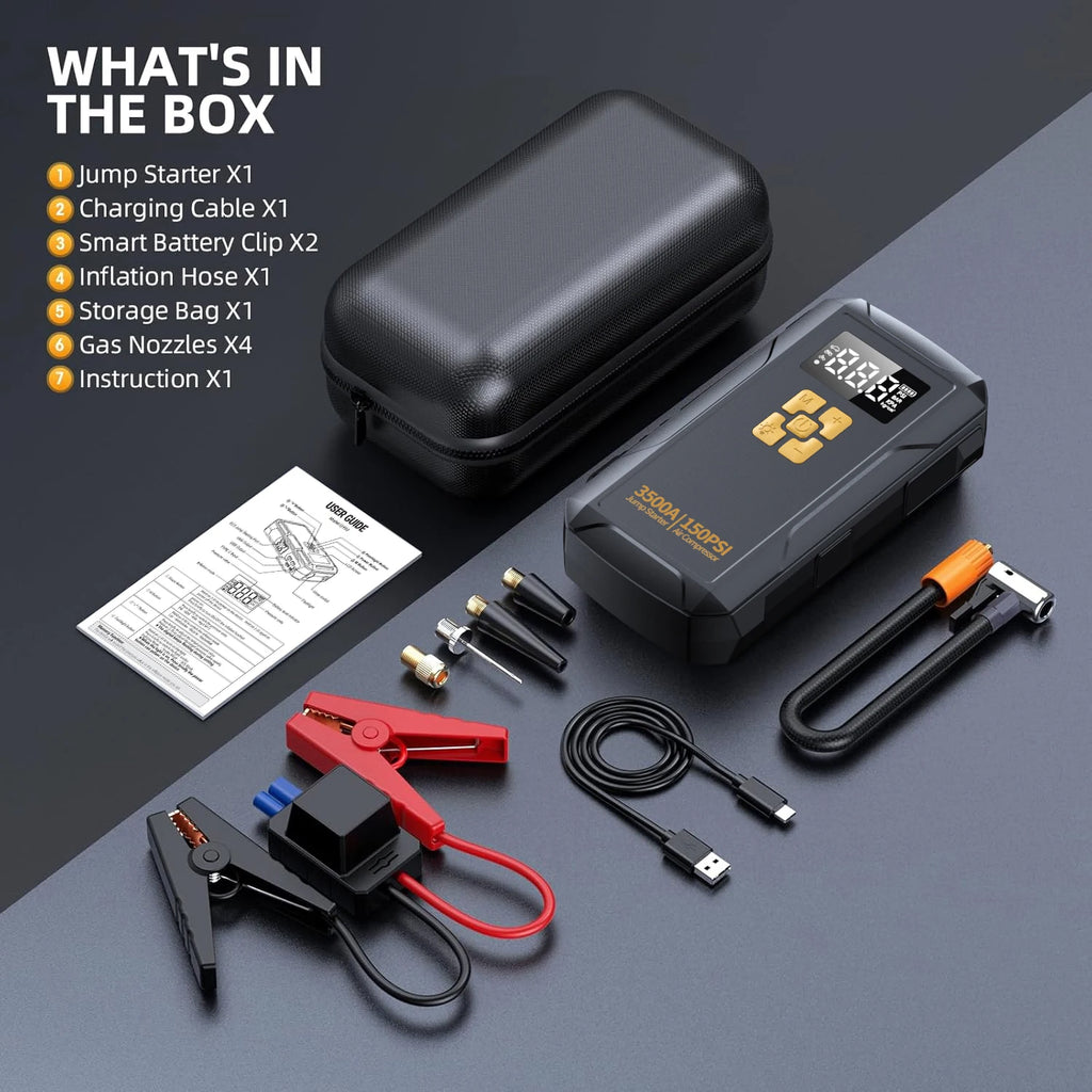 Jump Starter with Air Compressor 3500A Jump Starter 150PSI Air Pump Multifunctional Tire Inflator Power Bank Lighting for Car