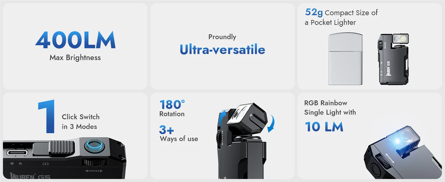 WUBEN G5 Rechargeable EDC Flashlight, 400 Lumens Dual Light Sources Mini Flashlight with RGB Light, Portable Pocket Flashlights