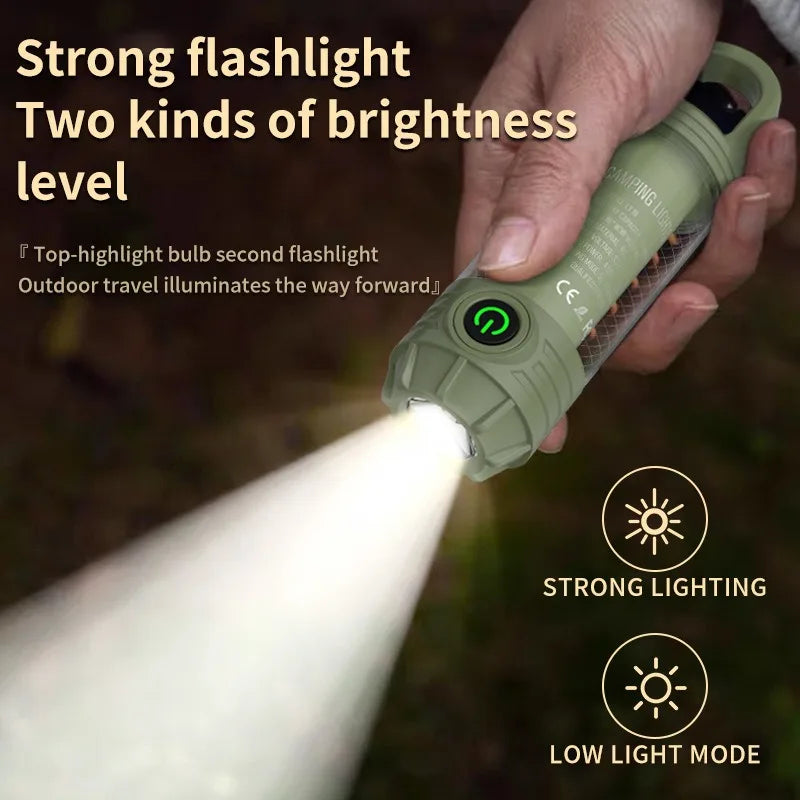 Rechargeable LED Mini Camping Flashlight,Portable Outdoor Light with Hook,White Warm and Red Light,6Modes,with Signal Flash