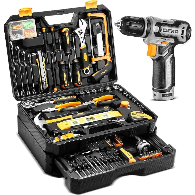 Tool Kit Box Drill Set Home Mechanic Toolbox with 12V Power Cordless Drill Hand Repair Tools Set