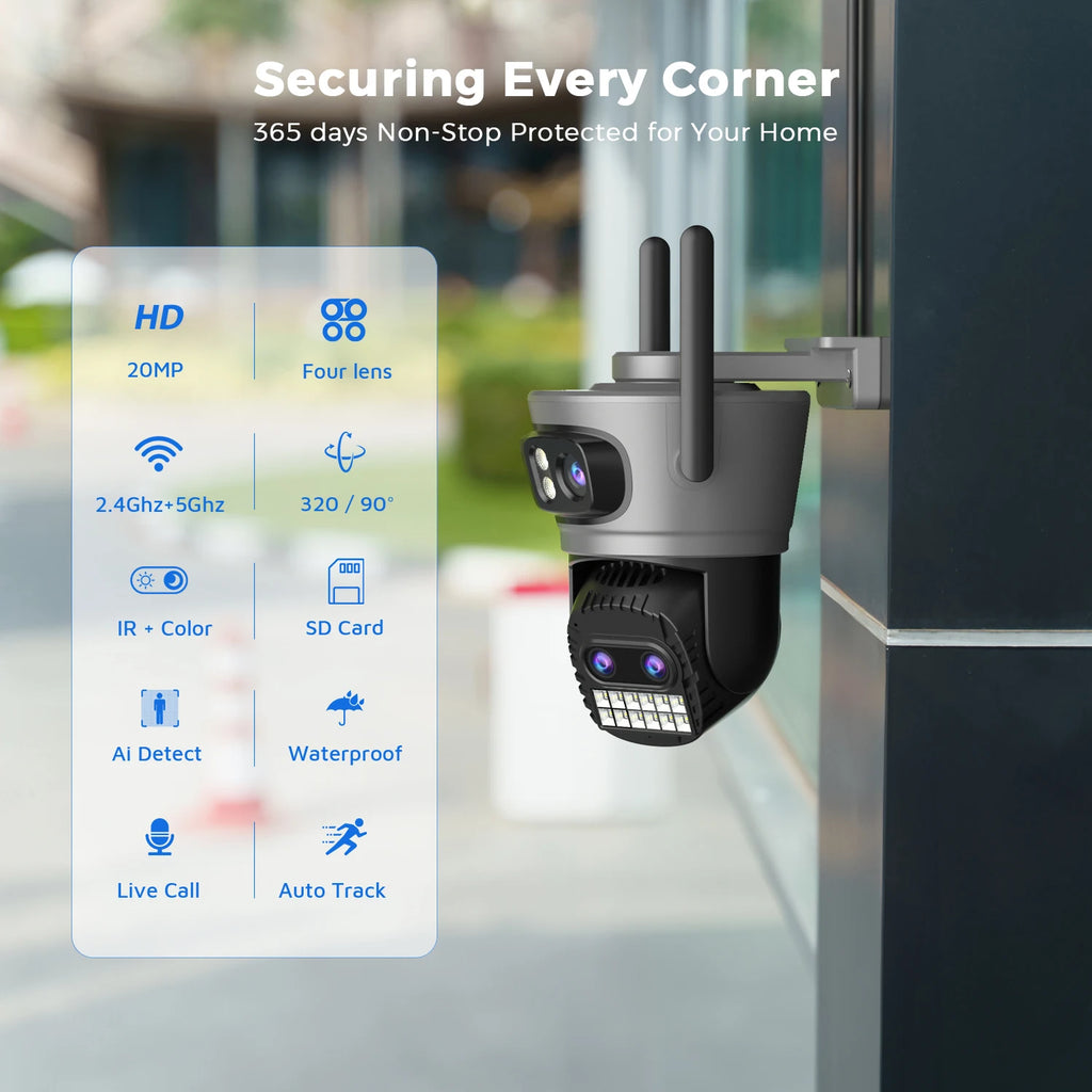 20MP Outdoors Wifi Camera 10K HD Three Lens Security 5G PTZ IP Camera 10X Digital Zoom Lens Human AI Auto Detect Tracking Camera