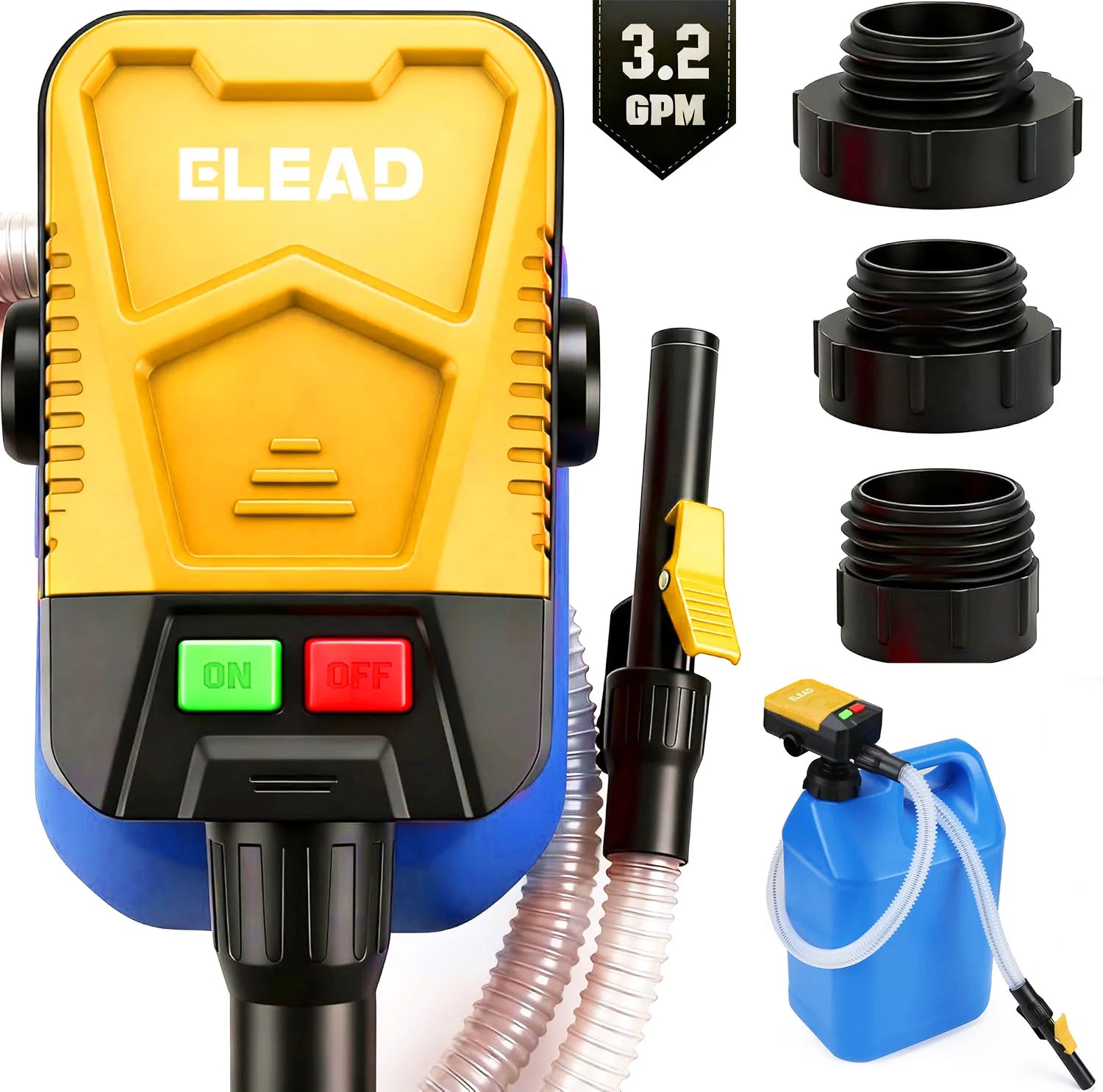ELEAD 4PC Automatic Fuel Transfer Pump with Auto-Stop Sensor(3.2 GPM) Battery Operated Gas Can Pump with 3 Can Adapters