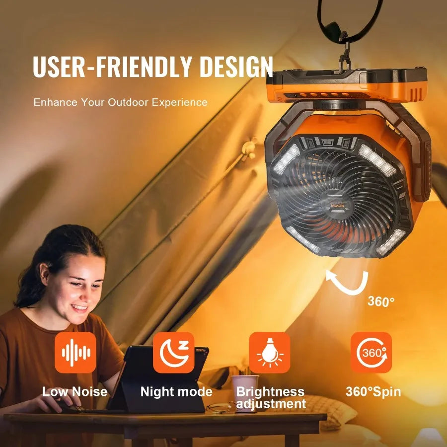 Portable Fan Rechargeable 13 inch Battery Powered Fan with LED Lantern 4 Speeds Adjustable and 45° 90°Automatic Swivel and Tim