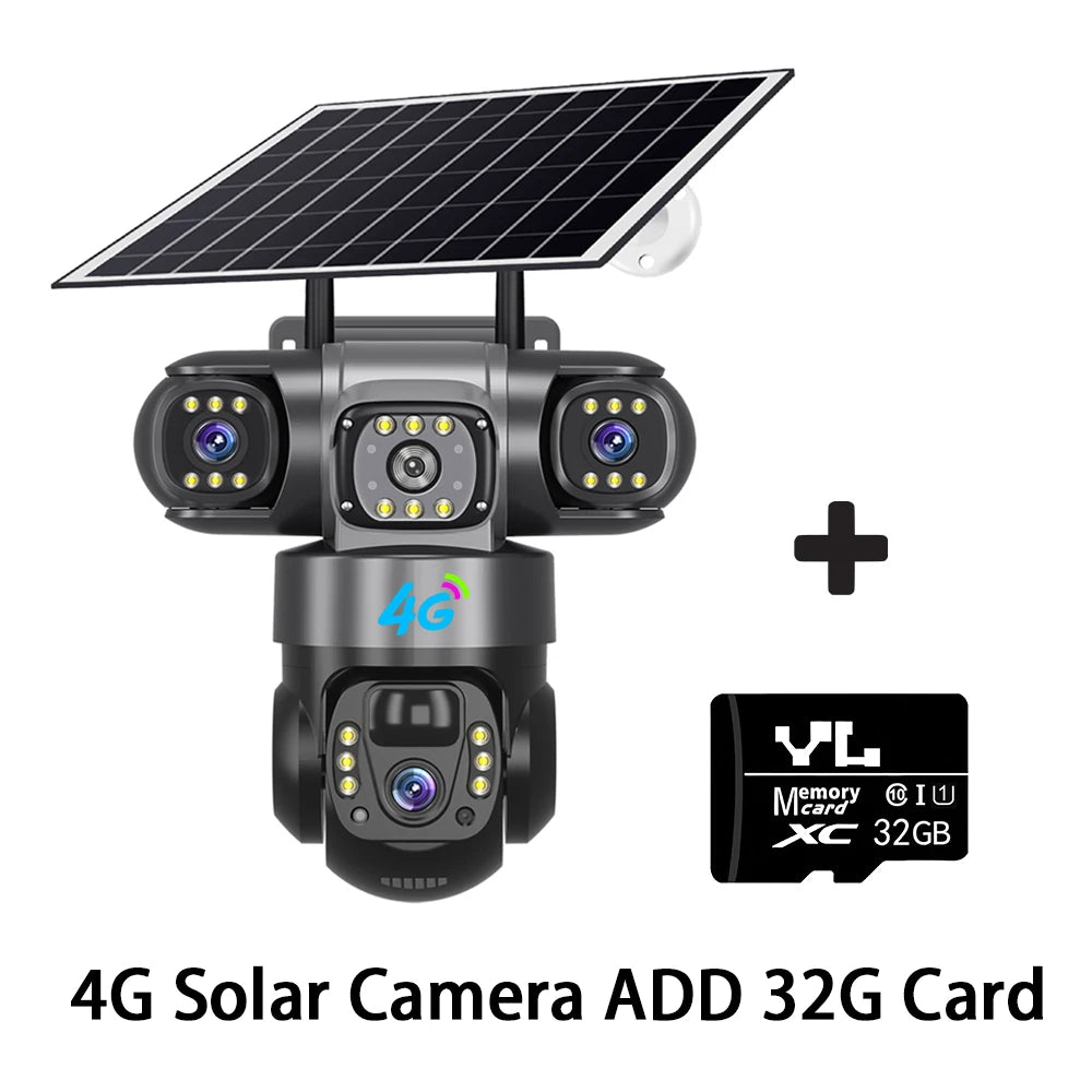 6K 15MP 4G SIM Solar Camera Outdoor 3 Lens 3 Screen Surveillance CCTV PTZ Human Detect Auto Tracking Solar Security Camera V380
