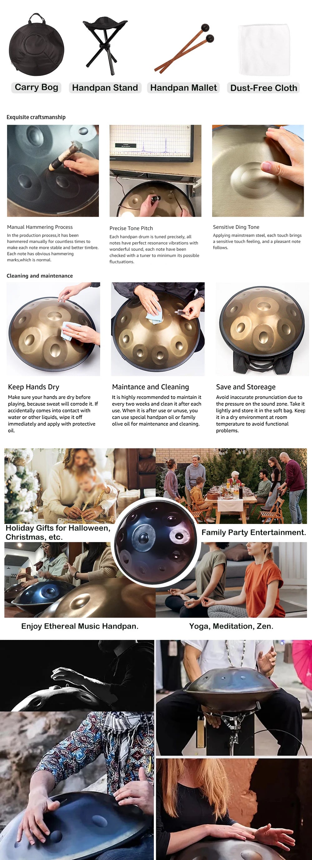 Handpan Drum in D Minor Kurd 9 10 12 Notes 440Hz 22 Inches Steel Hand Drum with Edge Woven Rattan for Professional Performance