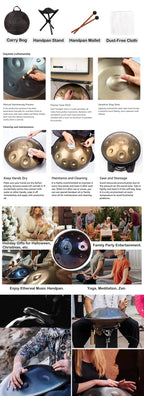 Handpan Drum in D Minor Kurd 9 10 12 Notes 440Hz 22 Inches Steel Hand Drum with Edge Woven Rattan for Professional Performance