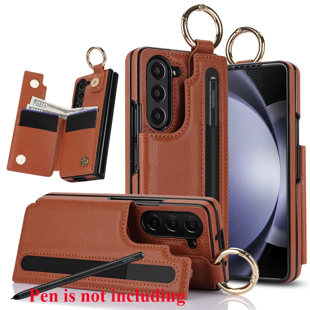 Ring Bucket Wallet Phone Case For Samsung Galaxy Z Fold7 Z Fold 6 5 7 4 3 Leather Case Kickstand Pen Cash Card Slots Phone Cover