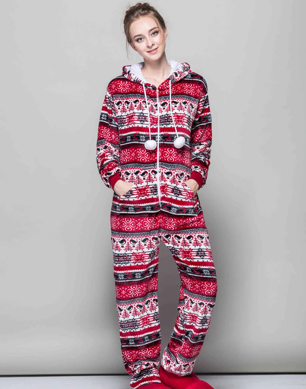 2022 New Christmas Onesies Snowflake Print Jumpsuits Adult Womens Hooded Rompers Warm Thicken Flannel Pyjamas Homewear Pijamas