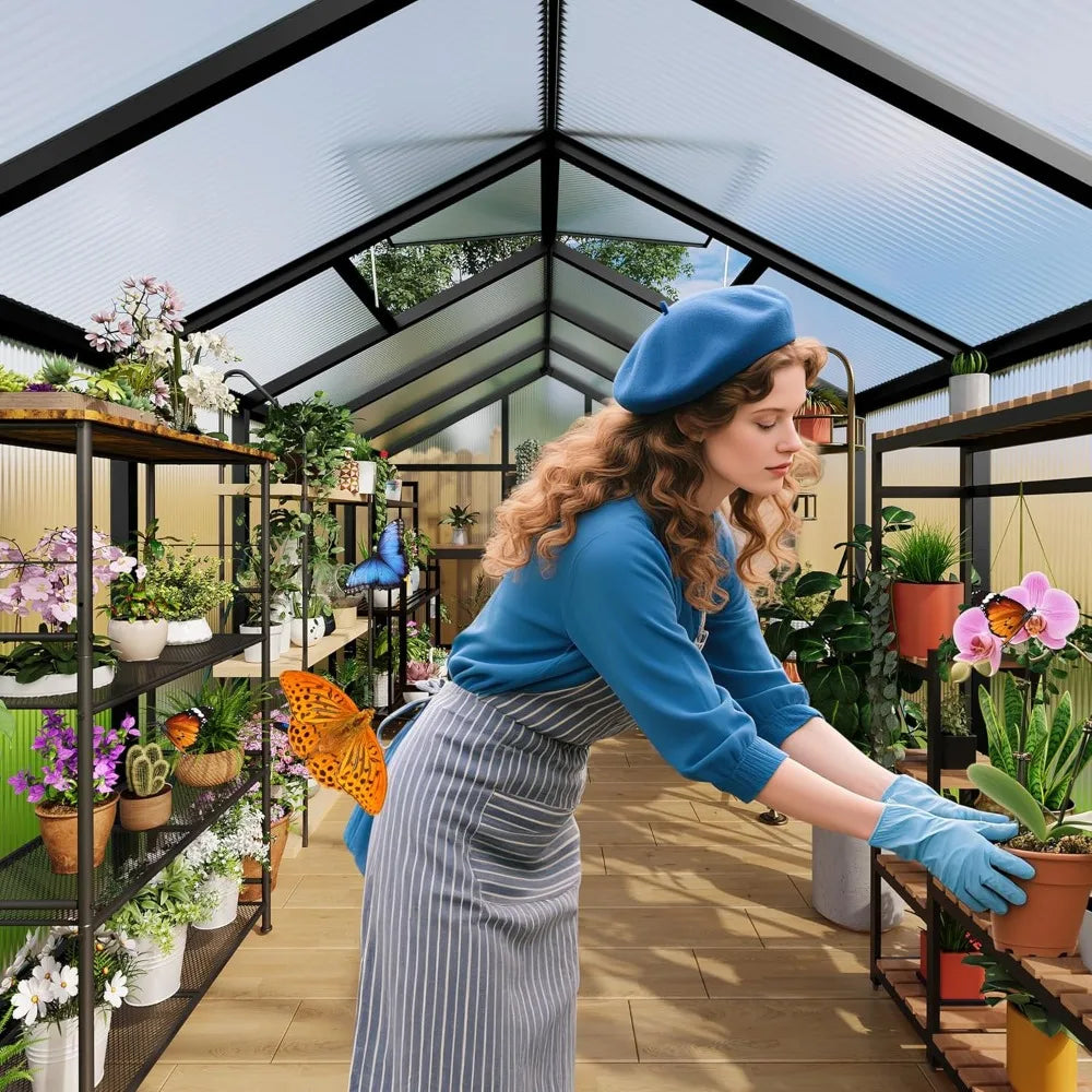 6x10 FT Greenhouse for Outdoors, Polycarbonate Flower with Roof Vent, Push-Pull Lockable Door, Aluminum Walk-in Green