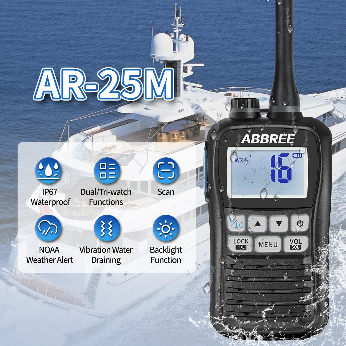 ABBREE AR-25M Marine Radio Transceiver IP67 Floating Waterproof Handheld VHF Walkie Talkie Amateur NOAA Two Way Radio For Fish