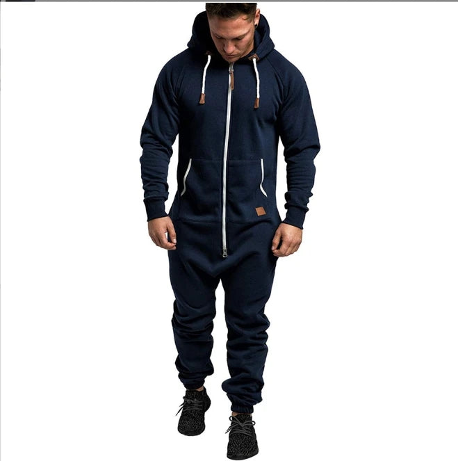 Mens Onesie Jumpsuit Pajamas Long Sleeve Sweatpants Pure Color Splicing Autumn Winter Casual Hoodie Male Zipper Jumpsuit